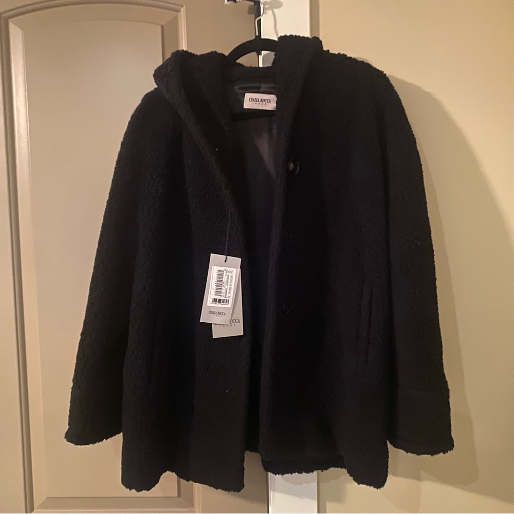 Cinzia Rocca Icons Black Teddy Bear Wool Hooded Pea Coat US 10 or IT 46